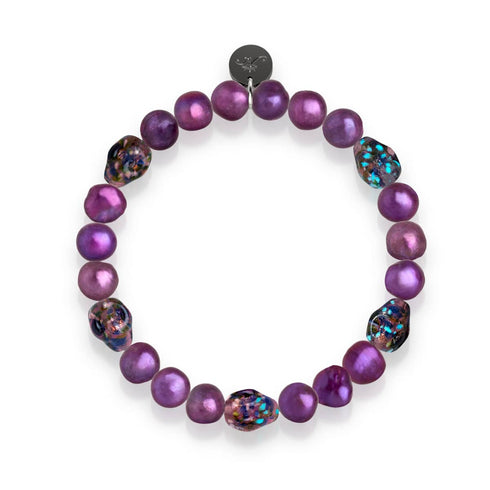 Violet Shadows | Bracelet en argent sterling 925 avec perles d'eau douce violettes et tête de mort en verre Firefly